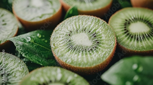 Freshly sliced kiwi surrounded by lush green leaves with water droplets on a ...