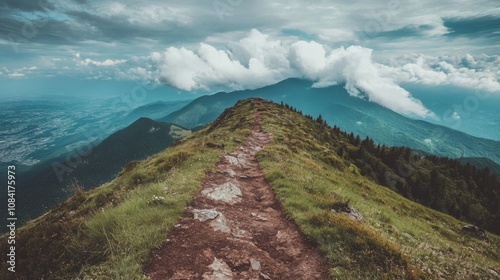 rugged mountain trail leading up to a high peak, with sweeping views of the valley below and clouds gathering on the horizon photo