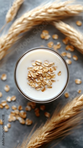 A jar of oat milk surrounded by oats and hazelnuts on a textured surface