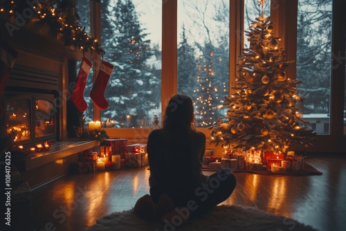 Cozy winter evening by the fireplace with a Christmas tree and holiday gifts ...