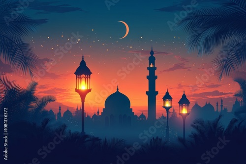 A serene evening view of a crescent moon over a city with prominent domed str...