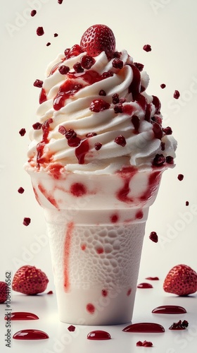 Delicious strawberry ice cream sundae with whipped cream and raspberry sauce ...
