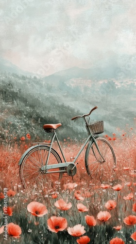 Bicycle standing in a colorful poppy field during a serene afternoon with blu...