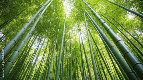 A dense bamboo forest, where tall stalks of bamboo reach up towards the sky, their leaves rustling in the wind photo