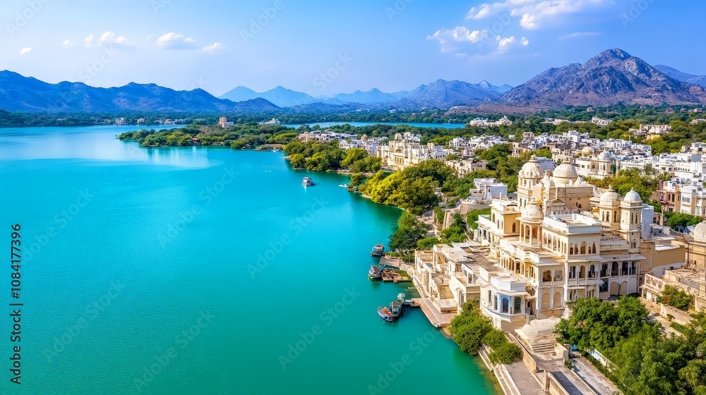 Naklejka premium Aerial View of Udaipur Lakes and Surrounding Landscape