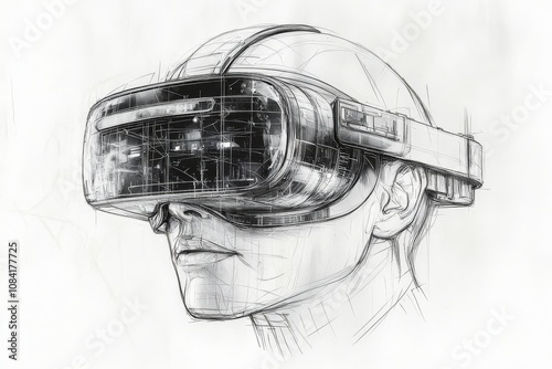 A futuristic concept sketch of a person wearing virtual reality goggles in a ...