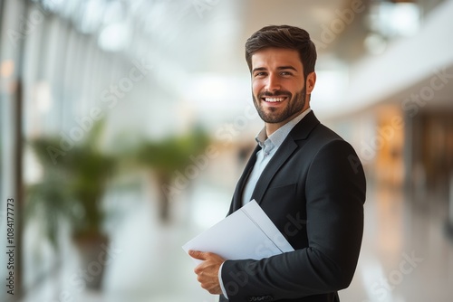 Confident businessman holding documents in modern office interior during daytime