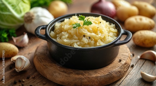Delicious homemade sauerkraut with garlic and potatoes on a rustic wooden table