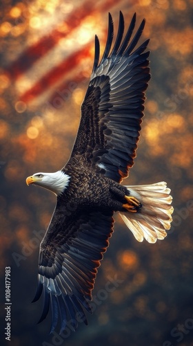Majestic bald eagle soaring against a vintage American flag backdrop in a ser...