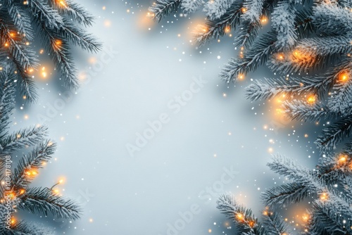 Winter decorations featuring snow covered pine branches and warm lights surro...