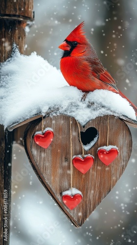 A vibrant red cardinal perched on a heart shaped birdhouse covered in snow du...
