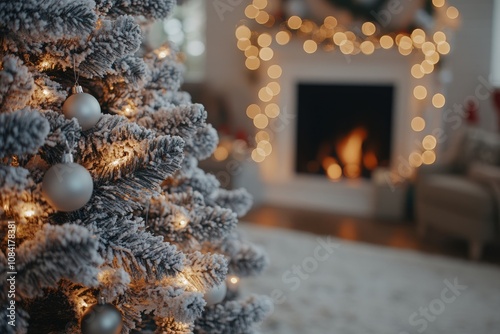 Cozy living room decorated for Christmas with a tree, fireplace, and warm fes...