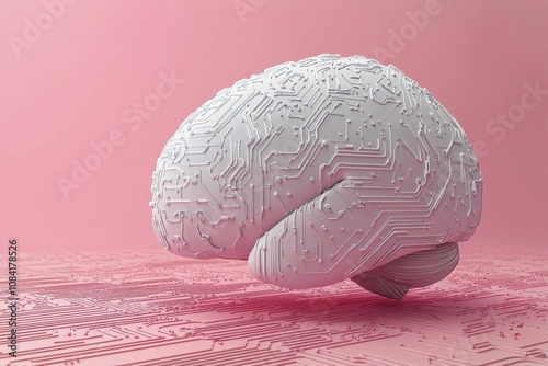 Conceptual representation of a brain with circuit patterns on a pink background