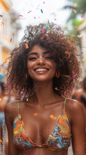 A joyful celebration with confetti in a vibrant street during a festive gathe...