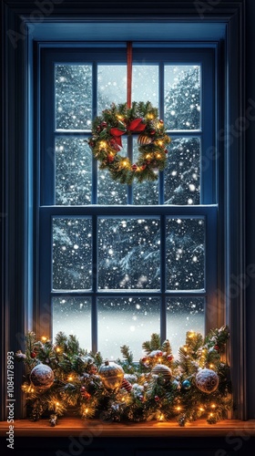 Decorative window display with blue and gold ornaments during a snowy winter ...