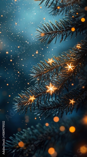 Golden star ornaments hang on a snowy evergreen tree during a festive winter ...