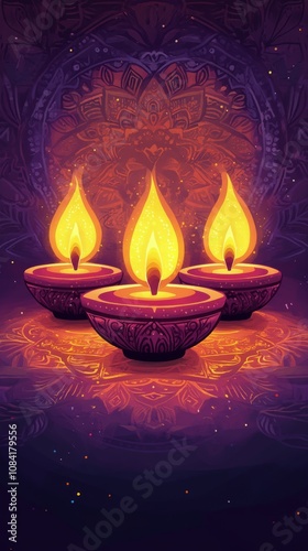Three colorful oil lamps glowing warmly during a celebration, creating a fest...