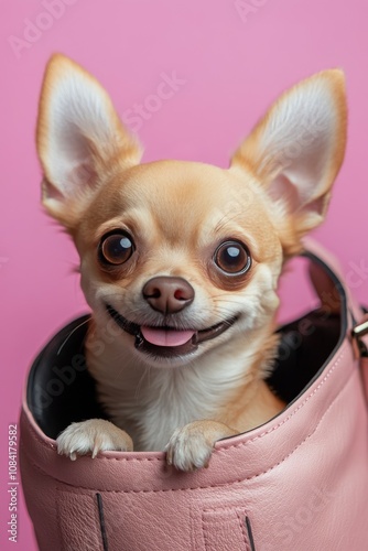 Cute Chihuahua sitting comfortably in a pink bag against a vibrant pink backg...