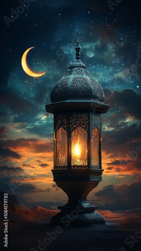 Decorative lantern illuminated at dusk under a crescent moon with a starry sk...