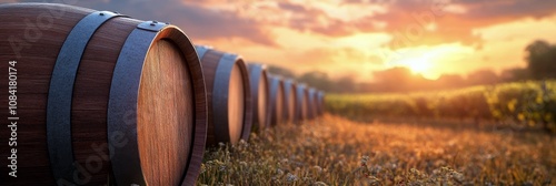 Barrels lined up in a vineyard under the golden sunset in a tranquil countrys...