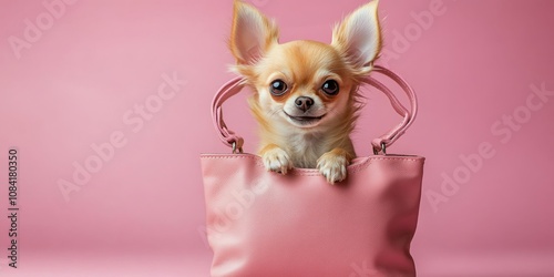 A small chihuahua peeking out of a pink handbag against a vibrant pink backgr...