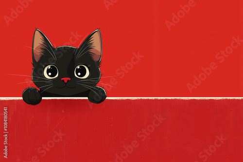 Cute Black Cat Peeking Out Behing Red Wall generated with ai.
