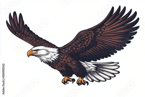 Majestic bald eagle soaring against a bright blue sky with fluffy clouds in t...