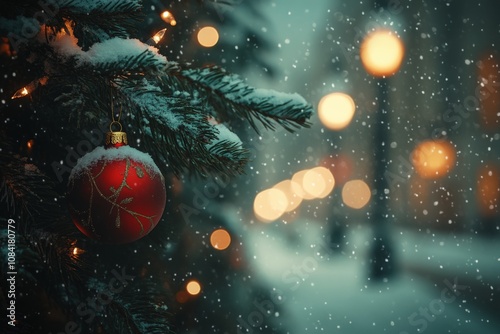 Snowy winter evening with Christmas tree decorations and street lights glowin...