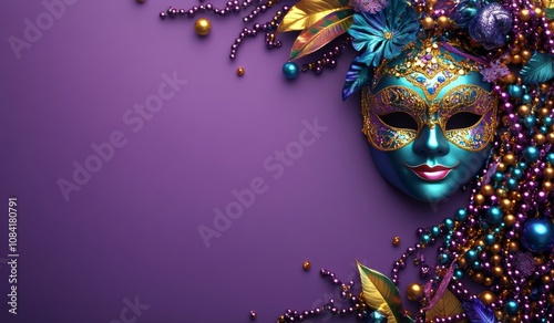 Colorful decorated mask surrounded by vibrant beads during a festive celebration
