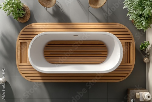Modern oval bathtub with wooden slats in a serene bathroom setting