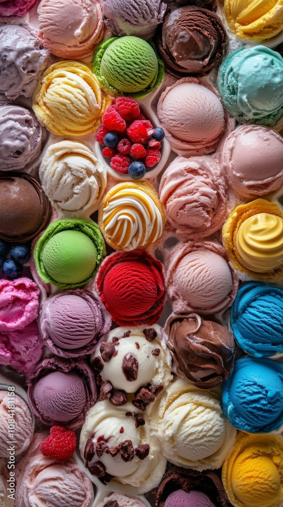Obraz premium Colorful display of assorted ice cream flavors arranged in rows on a blue background