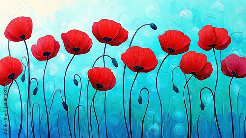  Red-flower painting on blue-green background with water bubbles