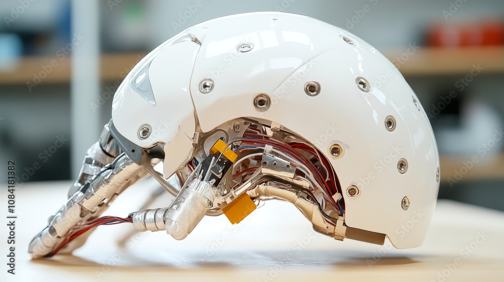 Fototapeta premium Innovative robotic helmet showcasing advanced technology and intricate design, featuring metallic components and wiring, ideal for futuristic applications