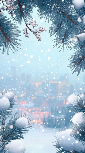 Frosty pine branches frame a winter scene with softly falling snow and blurre...