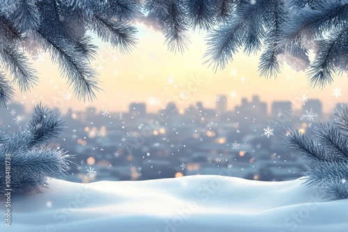 Winter wonderland view from snowy pine branches overlooking a city skyline at...