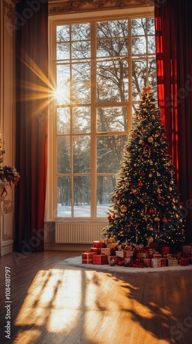 A beautifully decorated Christmas tree shines in a cozy room with sunlight st...