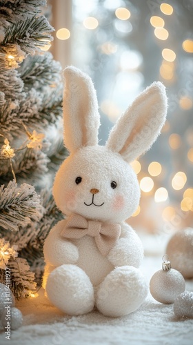 Soft white bunny plush toy sitting beside a decorated Christmas tree with glo...