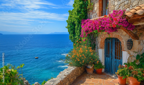 Seaside Villa with Blooming Flowers and Ocean View