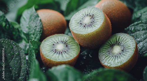 Freshly sliced kiwi surrounded by lush green leaves with water droplets on a ...
