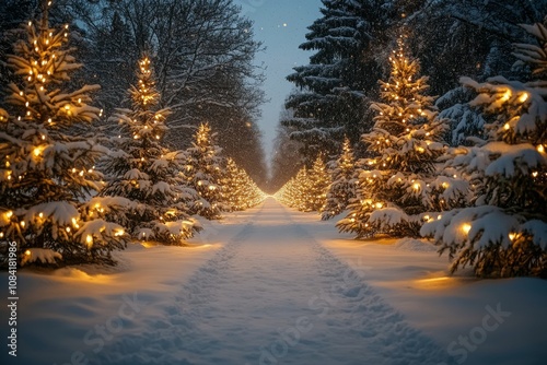 A peaceful winter pathway lined with snow covered trees illuminated by warm l...