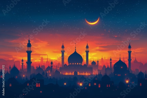 A serene evening view of a crescent moon over a city with prominent domed str...