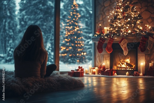 Cozy winter evening by the fireplace with a Christmas tree and holiday gifts ...