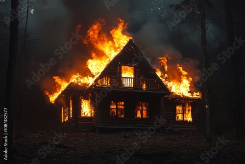 A wooden house engulfed in flames during a wildfire at night in a wooded area