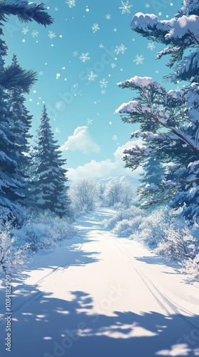 Snowfall over a serene river in a tranquil forest during winters early mornin...