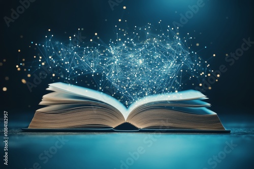 An open book with glowing heart shaped particles floating above it in a dark ...