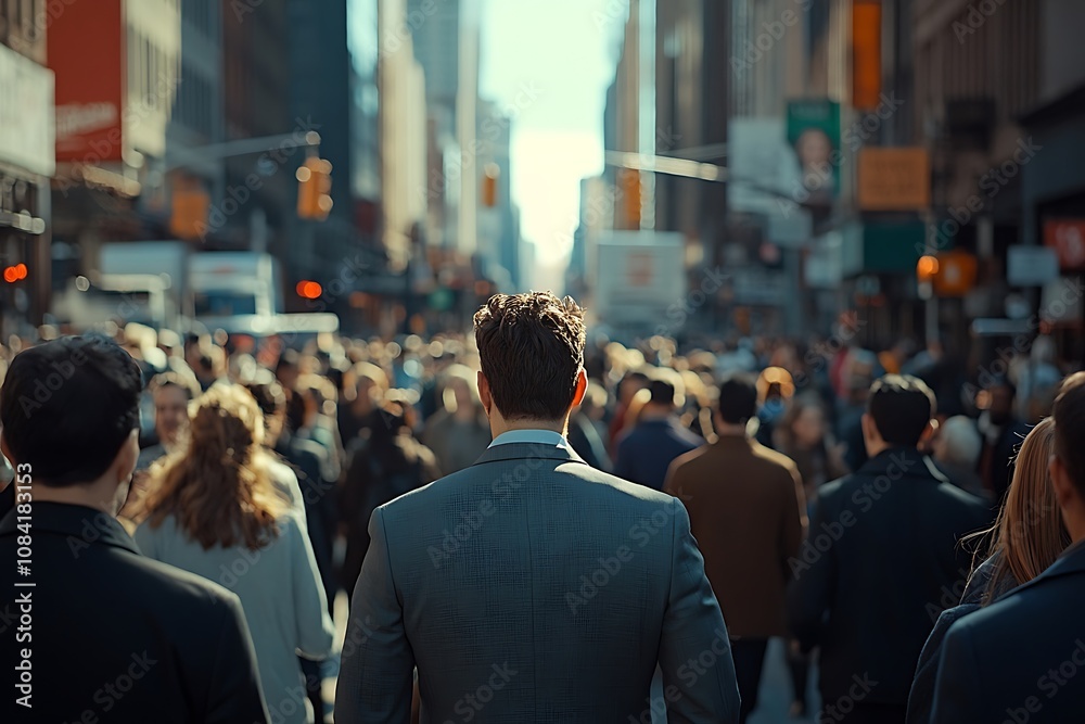 Fototapeta premium Grey Suit, City Skyline, Man Walking Through Crowd