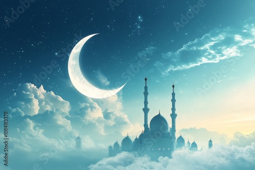 A serene crescent moon over a majestic mosque surrounded by fluffy clouds at ...