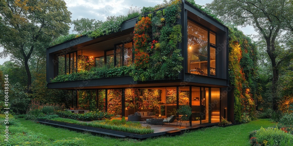 Obraz premium Modern home with a green wall and a patio with lights on at night.