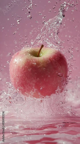 Fresh apple surrounded by water bubbles against a pink background during a br...