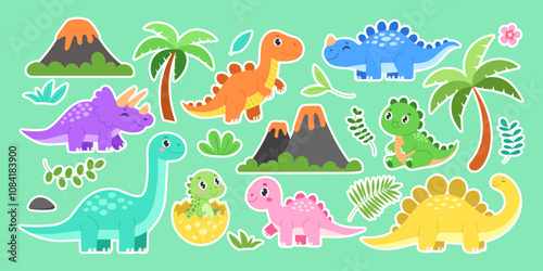 A collection of dinosaur stickers with a green background. The dinosaurs are of various sizes and colors, including a pink one
